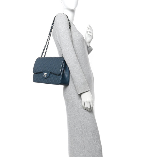 Caviar Quilted Jumbo Double Flap Blue
