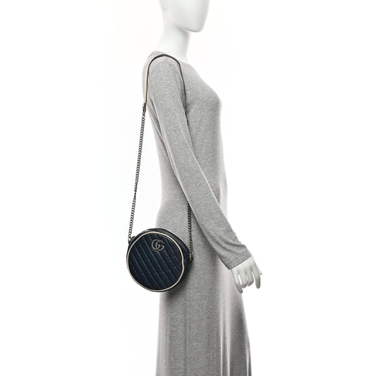 Azalea Calfskin Matelasse Diagonal Mini Torchon GG Marmont Round Shoulder Bag Blue Agata Mystic White