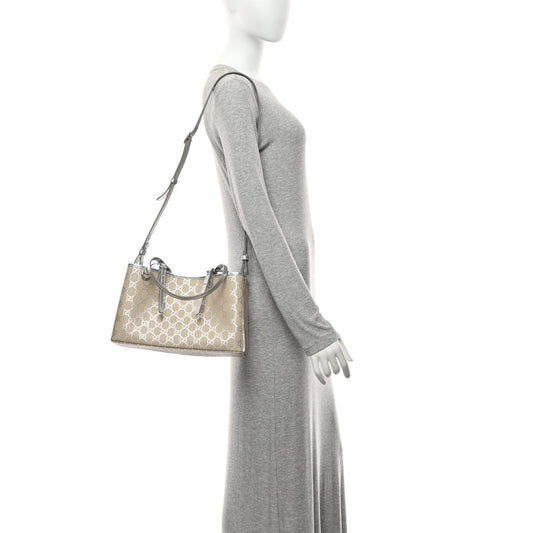 GG Supreme Monogram Emblem Medium Tote Bag Beige Silver