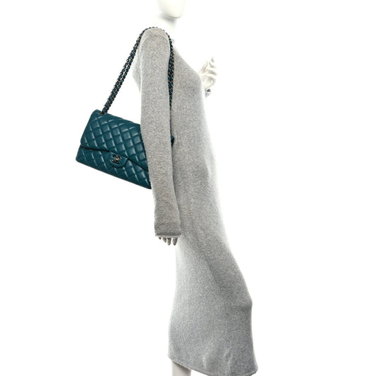 Lambskin Quilted Jumbo Double Flap Turquoise