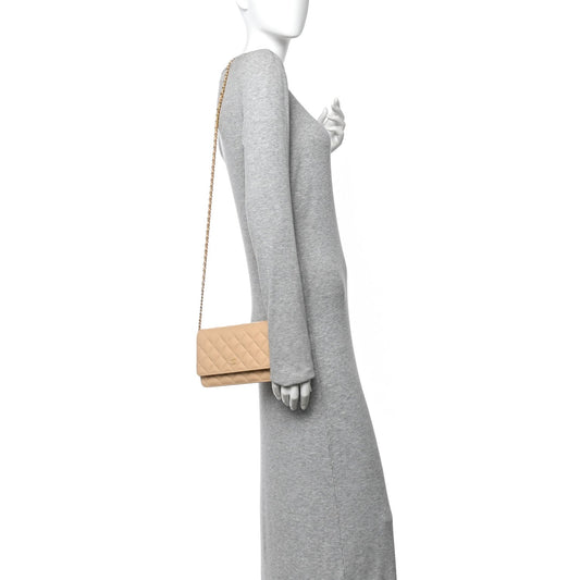Caviar Quilted Wallet on Chain WOC Beige