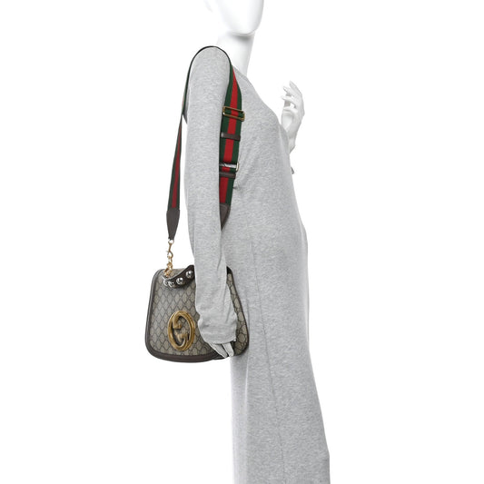 GG Supreme Monogram Textured Dollar Calfskin Web Medium Blondie Top Handle Shoulder Flap Bag Beige Ebony New Acero