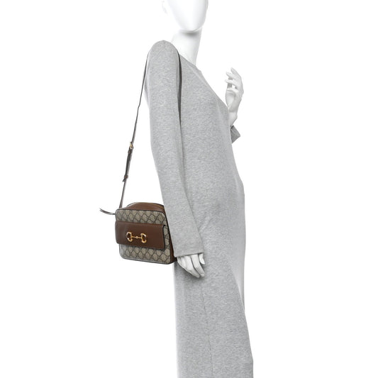 GG Supreme Monogram Small Horsebit 1955 Shoulder Bag Beige Brown Sugar