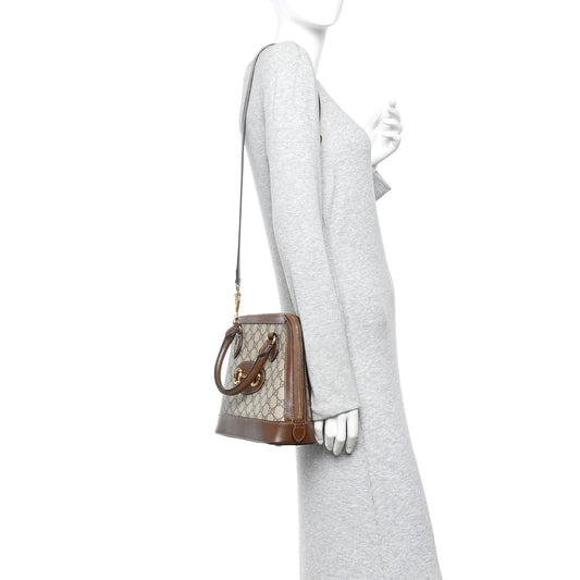 GG Supreme Monogram Azalea Calfskin Small Horsebit 1955 Top Handle Bag Beige Ebony Brown Sugar