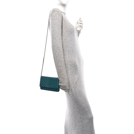Lambskin Chevron Quilted Wallet On Chain WOC Turquoise