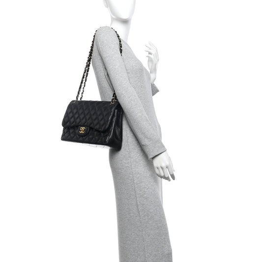 Lambskin Quilted Jumbo Double Flap Black