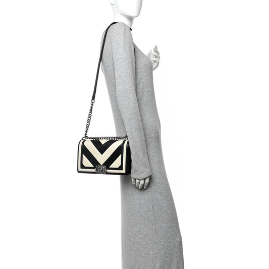 Calfskin Pleated Medium Boy In Rome Flap Black White