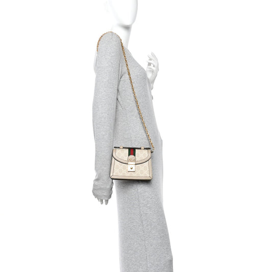 GG Supreme Monogram Textured Dollar Calfskin Web Mini Ophidia Padlock Top Handle Chain Shoulder Bag Beige Mystic White Oatmeal