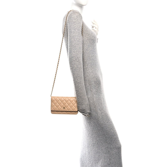 Caviar Quilted Wallet on Chain WOC Beige