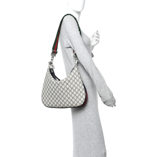 GG Supreme Monogram Textured Calfskin Web Large Attache Shoulder Bag Beige Blue