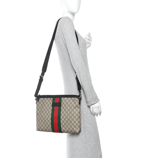 GG Supreme Monogram Calfskin Web Medium Flat Messenger Bag Beige Ebony Black