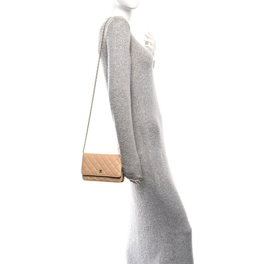 Caviar Quilted Wallet on Chain WOC Beige