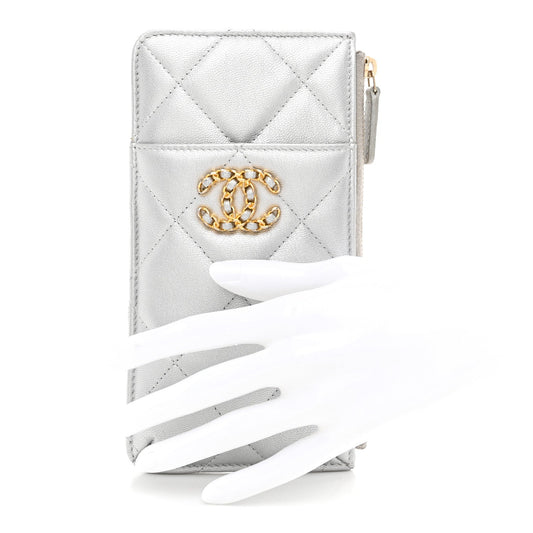 Lambskin Quilted Chanel 19 Phone and Card Holder Silver