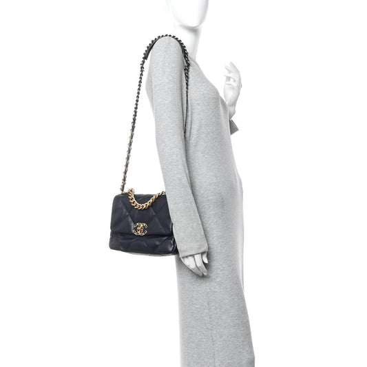 Goatskin Quilted Medium Chanel 19 Flap Navy Blue