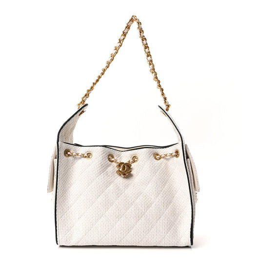 Braided Raffia Calfskin Quilted Small Chanel 25 Handbag White Black