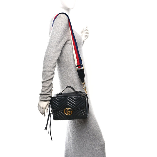 Calfskin Matelasse Sylvie Web Small GG Marmont Top Handle Shoulder Bag Black