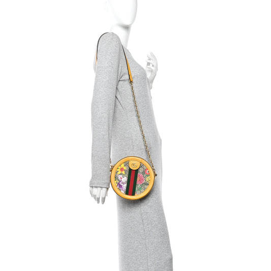 GG Supreme Monogram Flora Web Mini Ophidia Round Shoulder Bag Beige Multicolor Crop