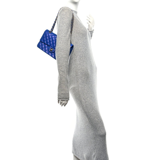 Iridescent Caviar Quilted Medium Double Flap Blue