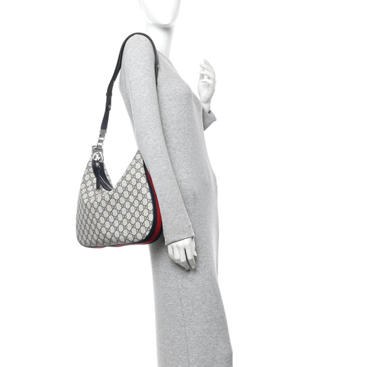 GG Supreme Monogram Textured Calfskin Web Large Attache Shoulder Bag Beige Blue