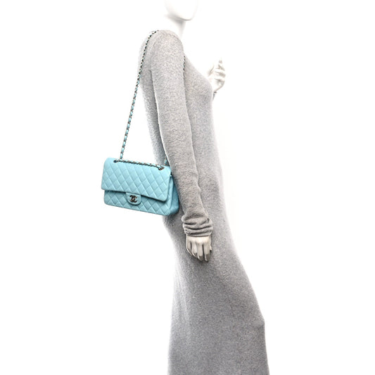 Lambskin Quilted Medium Double Flap Light Blue