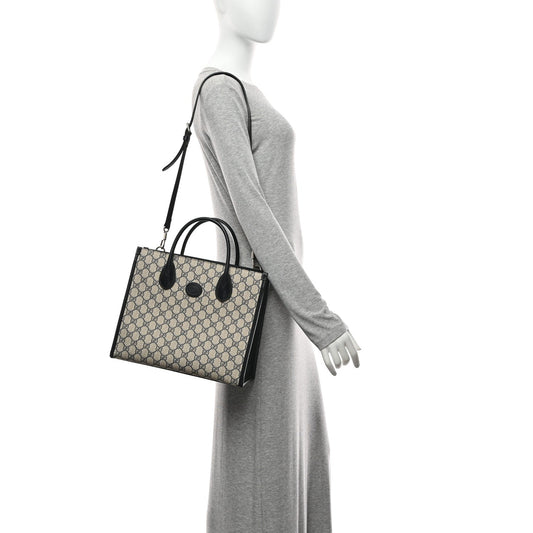 GG Supreme Monogram Textured Dollar Calfskin Small Retro Interlocking G Tote Bag Beige Blue