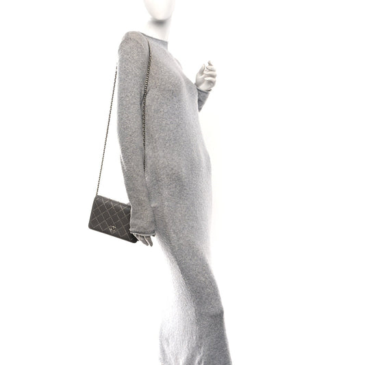 Lambskin Crystal Quilted Wallet On Chain WOC Grey
