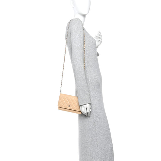 Caviar Quilted Wallet on Chain WOC Beige