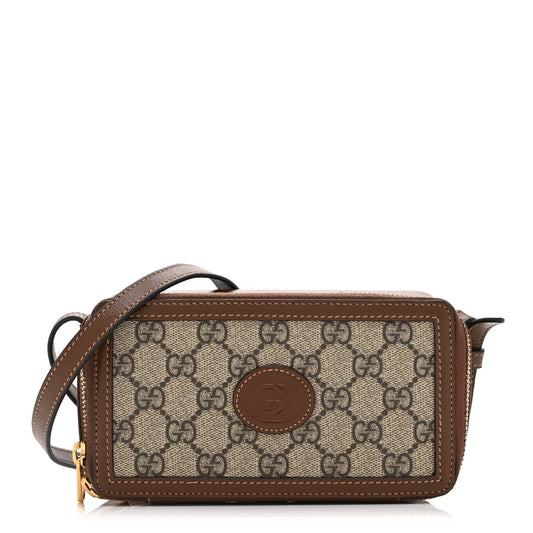 GG Supreme Monogram Azalea Calfskin Mini Retro Interlocking G Mini Shoulder Bag Beige Ebony Brown Sugar