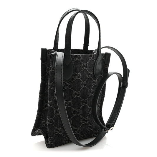 Denim Cuoio Harness GG Monogram Mini Ophidia Tote Bag Black Medium Grey