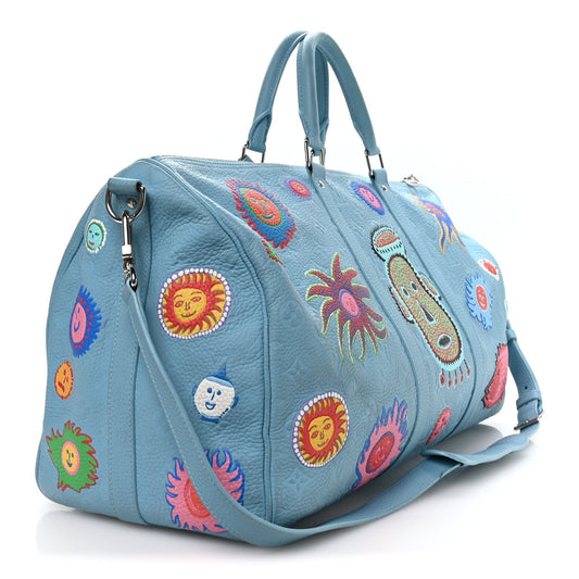 LV X YK Taurillon Monogram Keepall Bandouliere 50 Blue Multicolor