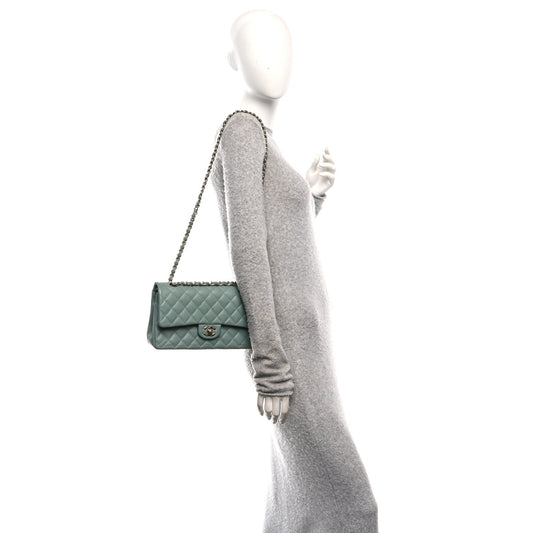 Caviar Quilted Medium Double Flap Dark Green