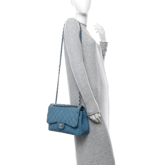 Iridescent Caviar Quilted Jumbo Double Flap Blue