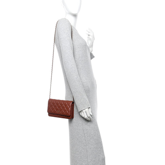 Lambskin Quilted Wallet On Chain WOC Brown