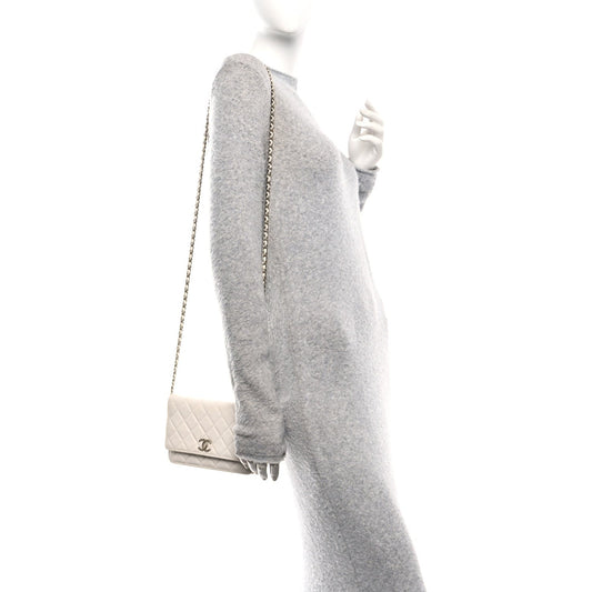 Caviar Quilted Perforated Metal CC Wallet On Chain WOC White
