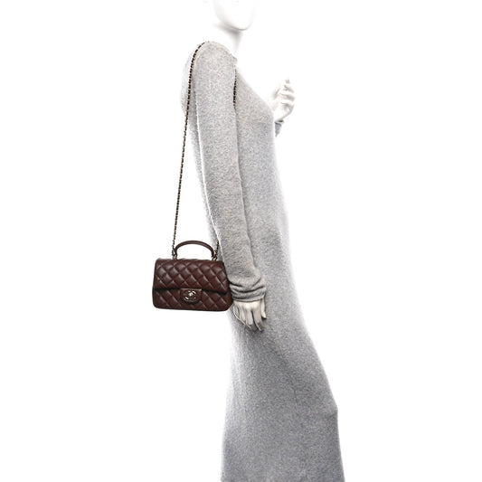 Lambskin Quilted Mini Top Handle Rectangular Flap Dark Brown