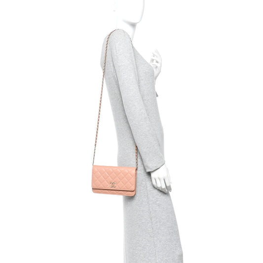 Caviar Quilted Perforated Metal CC Wallet On Chain WOC Beige