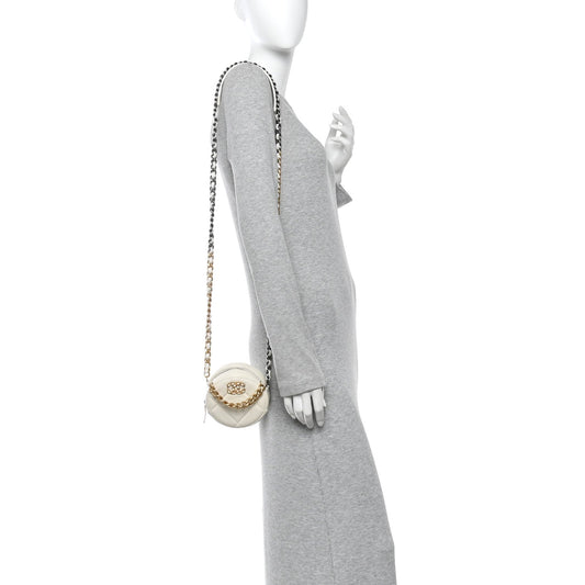Lambskin Quilted Chanel 19 Round Clutch With Chain White