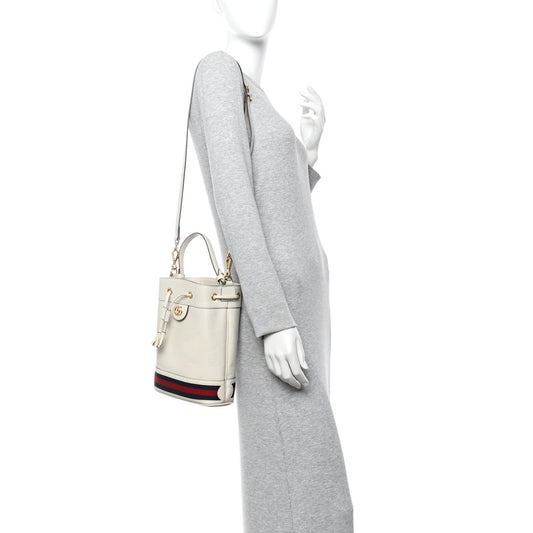 Glazed Textured Calfskin Web Small Ophidia Bucket Bag Mystic White