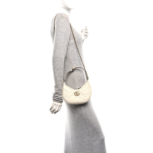Calfskin Matelasse Chevron Mini GG Marmont Half Moon Hobo Mystic White