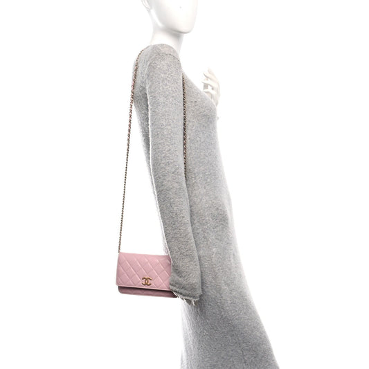 Caviar Quilted Studded CC Wallet on Chain WOC Light Pink