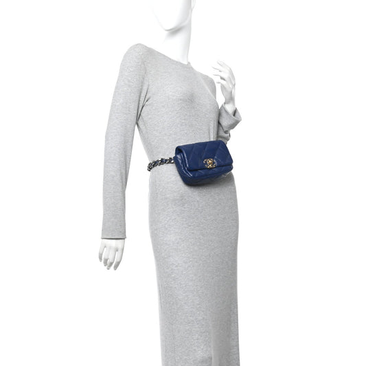 Goatskin Quilted Chanel 19 Waist Bag Dark Blue