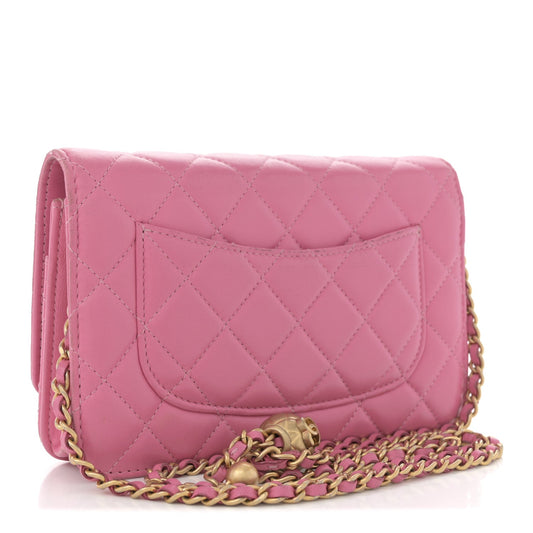 Lambskin Quilted CC Pearl Crush Wallet on Chain WOC Pink