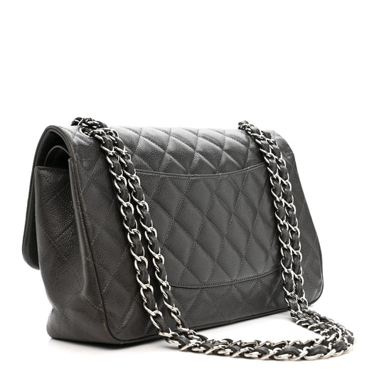 Caviar Quilted Jumbo Double Flap Grey