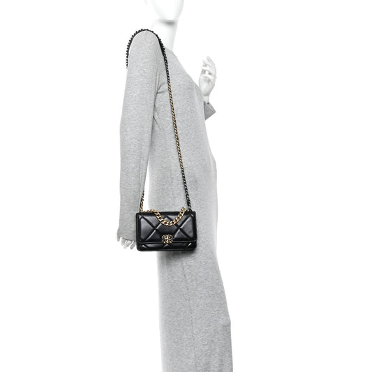 Lambskin Quilted Chanel 19 Wallet On Chain WOC Black