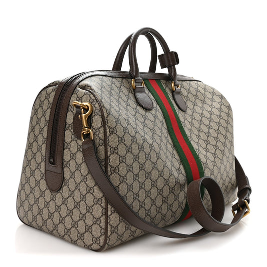GG Supreme Monogram Textured Dollar Calfskin Web Medium Savoy Duffle Bag Beige Dark Brown