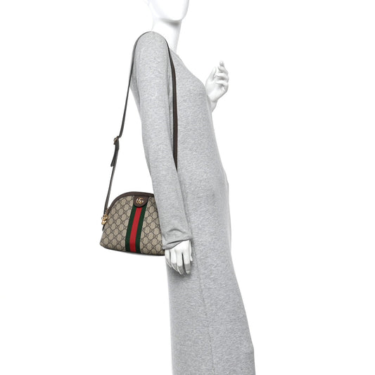 GG Supreme Monogram Textured Dollar Calfskin Web Small Ophidia Dome Shoulder Bag Beige Ebony New Acero