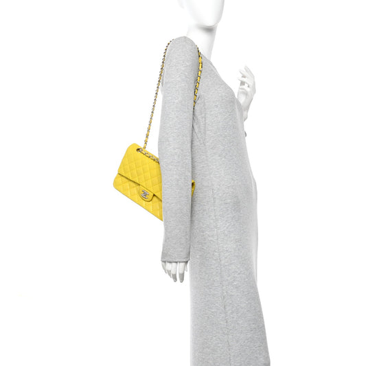 Lambskin Quilted Medium Double Flap Yellow