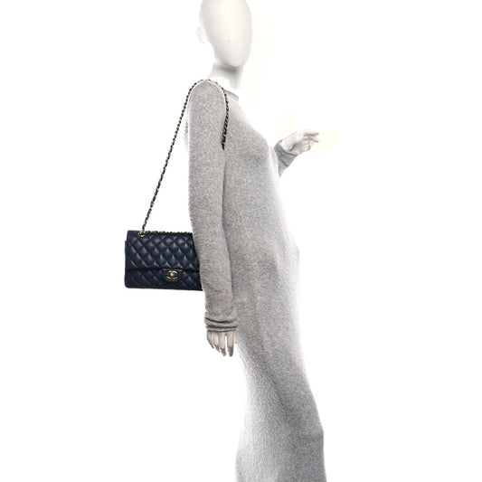 Caviar Quilted Medium Double Flap Navy