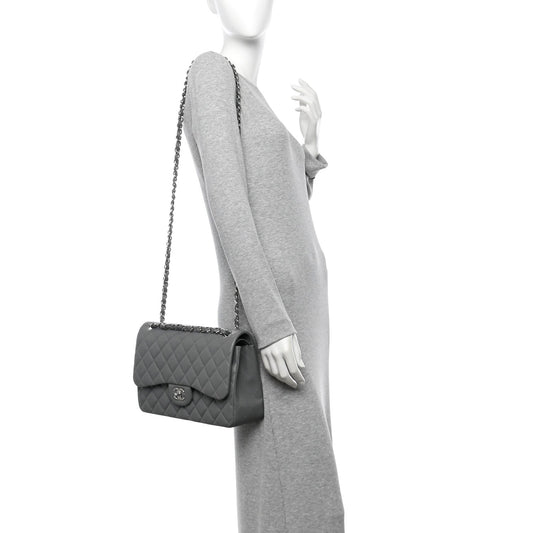 Caviar Quilted Jumbo Double Flap Grey