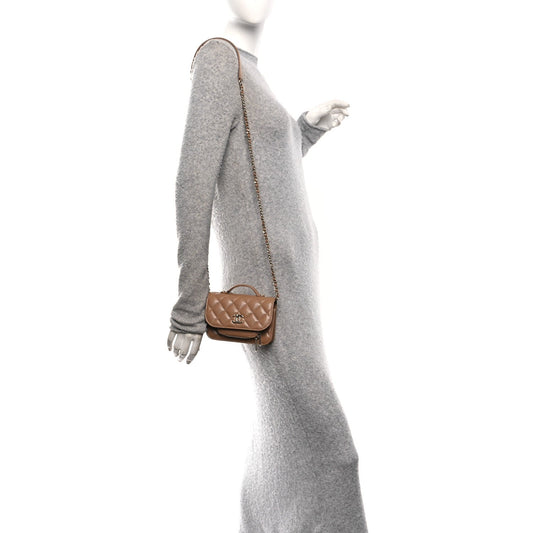 Caviar Quilted Business Affinity Clutch With Chain Flap Camel